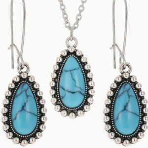 Boho Style Synthetic Blue Turquoise Water Drop Pendant Necklace & Earrings Set